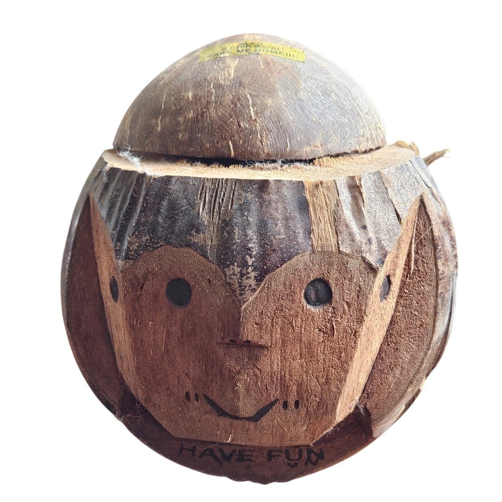 Vintage Hand Carved Coconut Monkey Coin Bank Tropical‎ Tiki Souvenir Have Fun